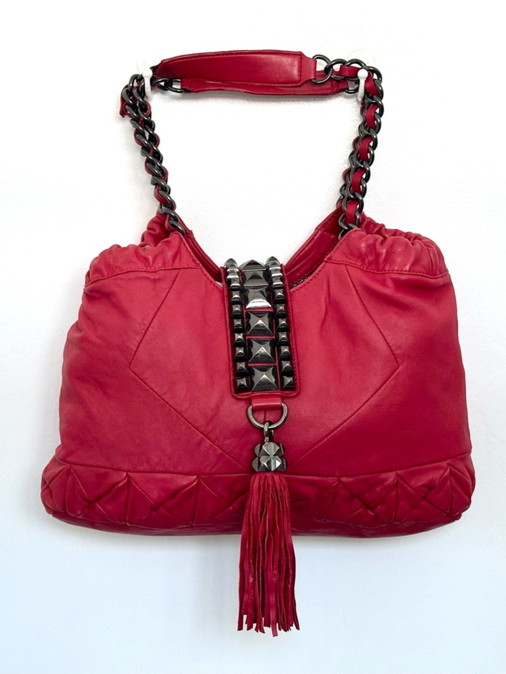 Betsey Johnson Vintage Lamb Leather Hobo Bag in Raspberry Red with Chain & Studs